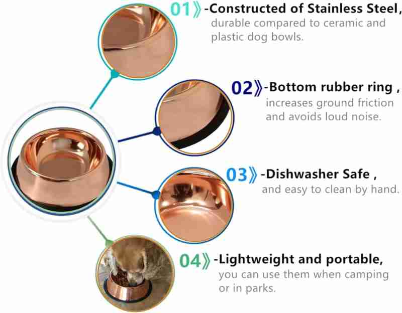Copper-Toned Stainless Steel Pet Bowl with Non-Slip Rubber Base - Large